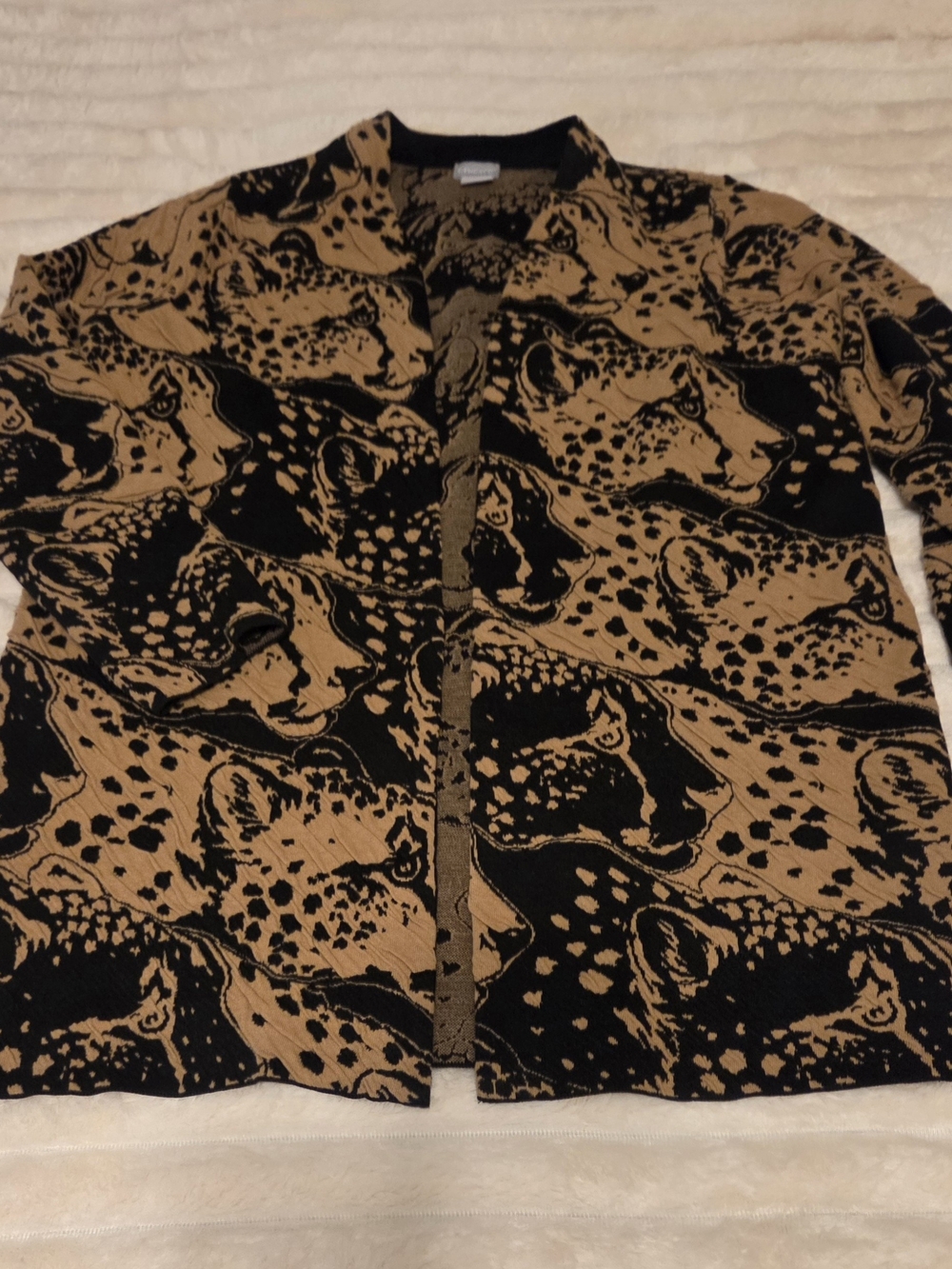 Chico's Black and Tan Animal Jacquard Cardigan M/L